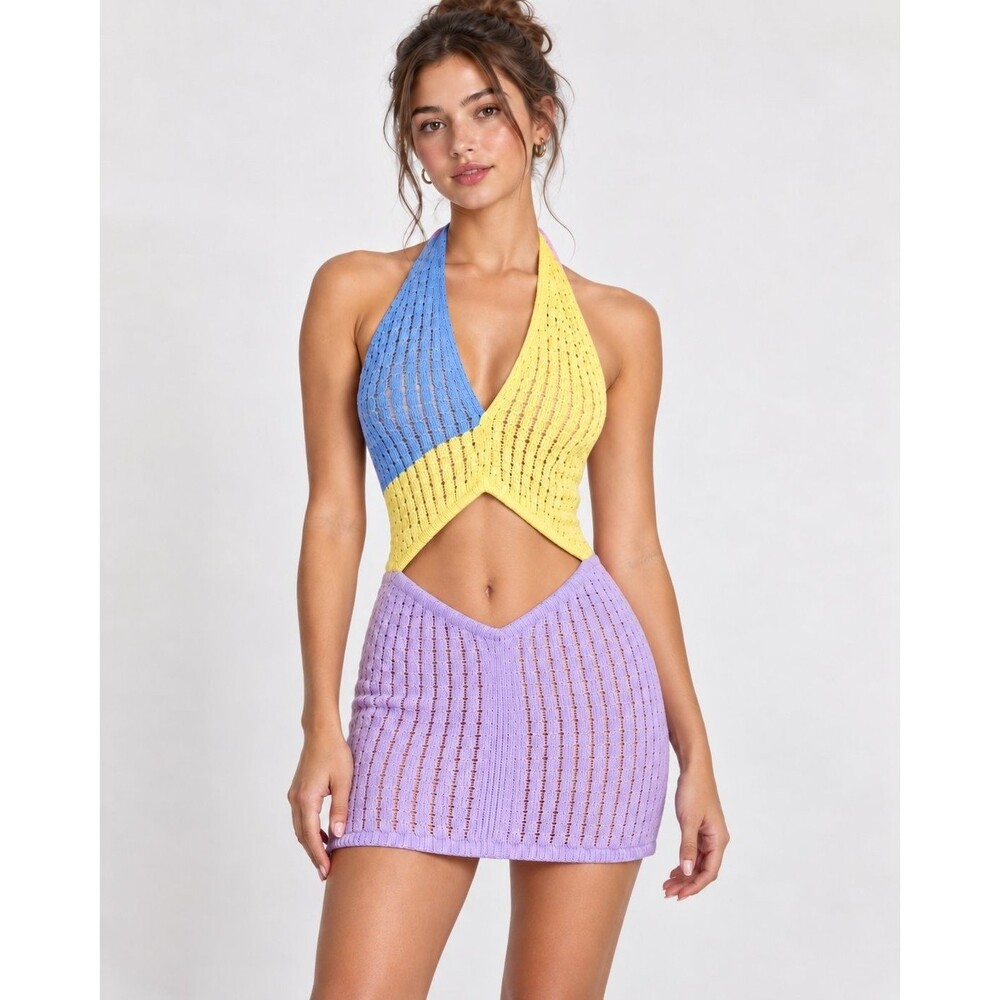 ASOS DESIGN Womens 4 Pastel Blue Yellow Pink Purple Crochet Halter Mini Dress